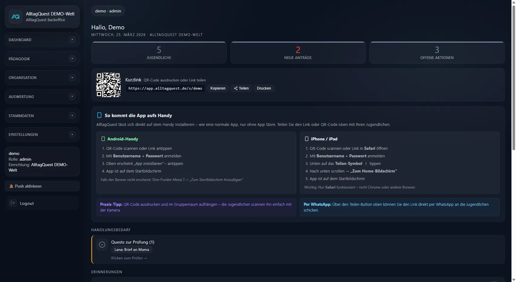 Admin-Dashboard von AlltagQuest mit KPIs, QR-Code und App-Installationsanleitung