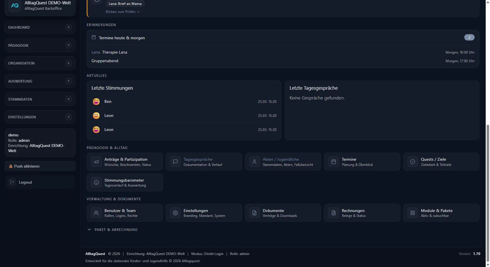 Dashboard-Bereich Handlungsbedarf, Erinnerungen und Schnellzugriff-Kacheln