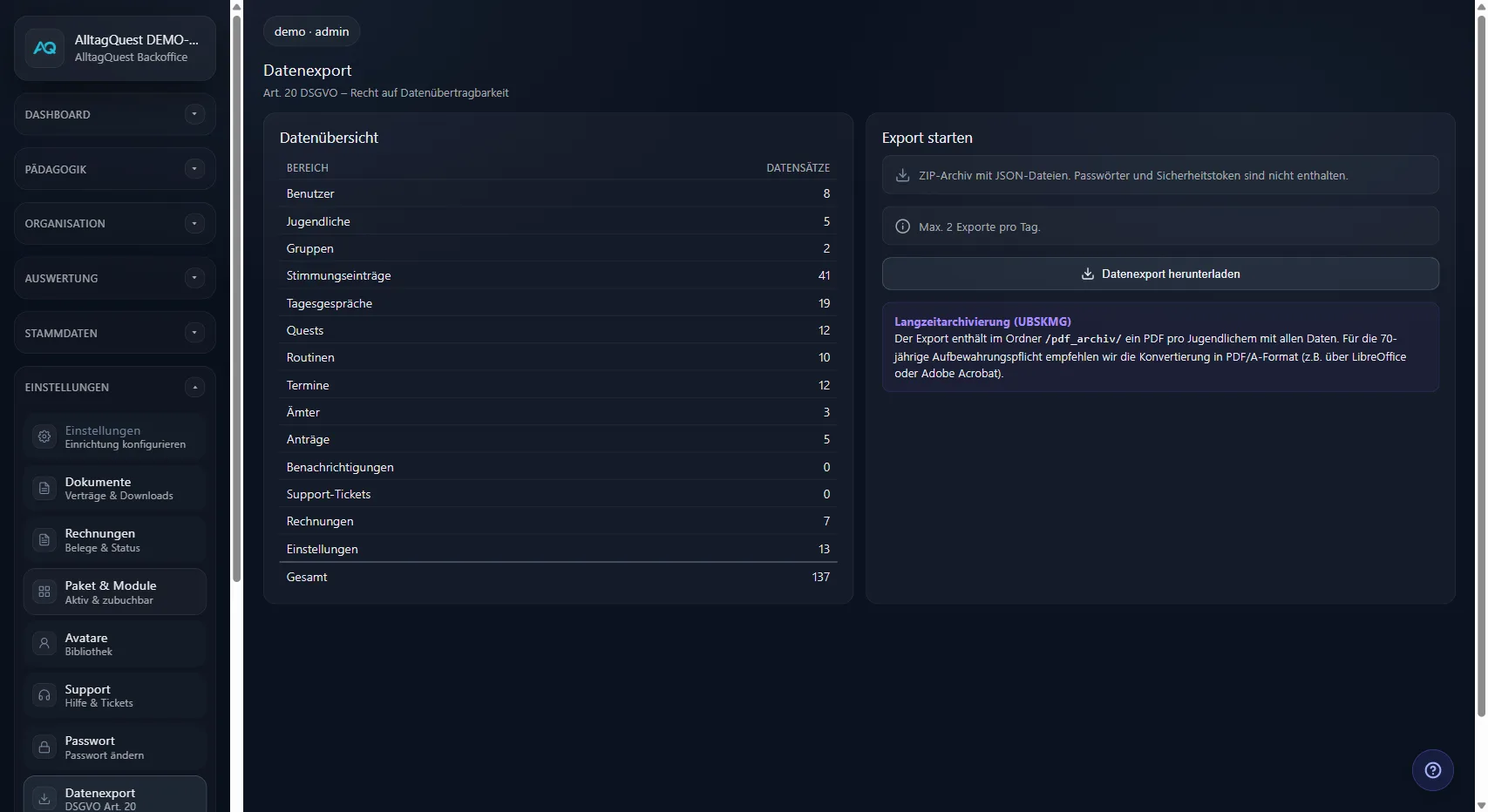 DSGVO-Datenexport mit Datenübersicht und ZIP-Download