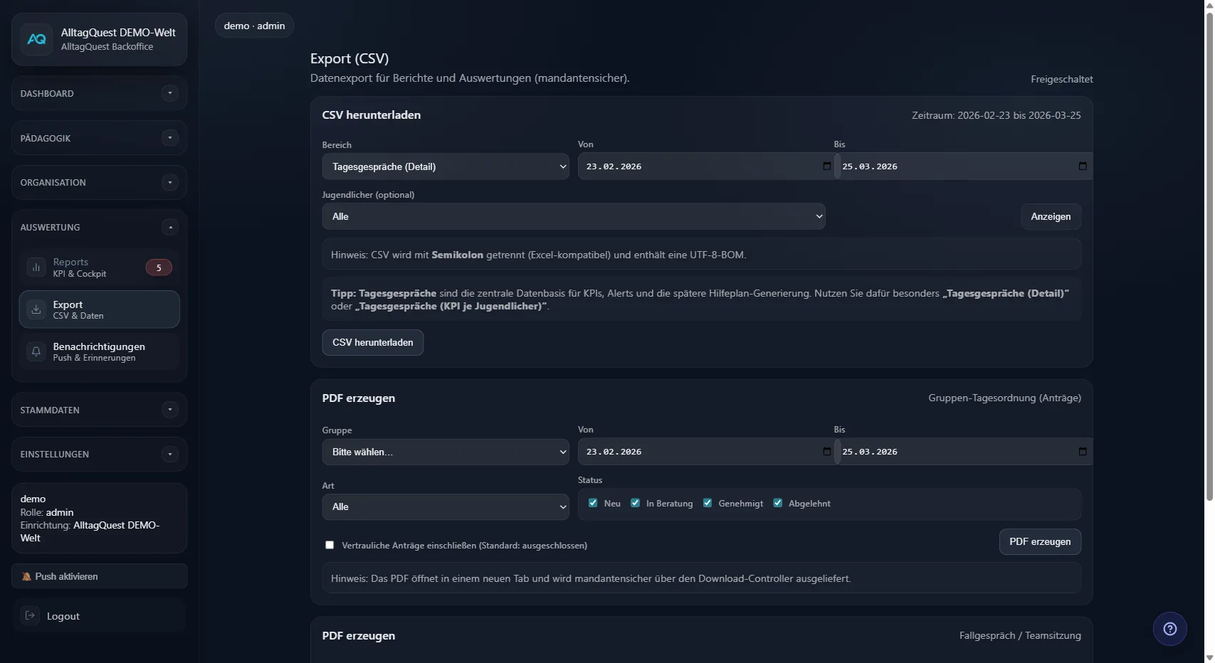 CSV- und PDF-Export für Berichte, Tagesordnungen und Fallgespräche