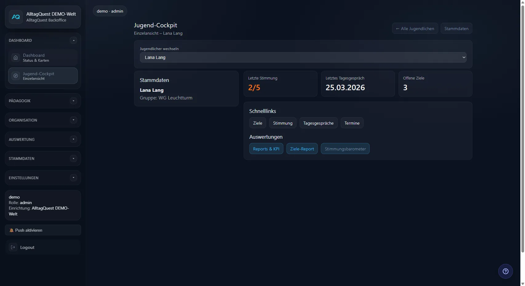 Einzelansicht im Jugend-Cockpit mit Stammdaten und Schnelllinks