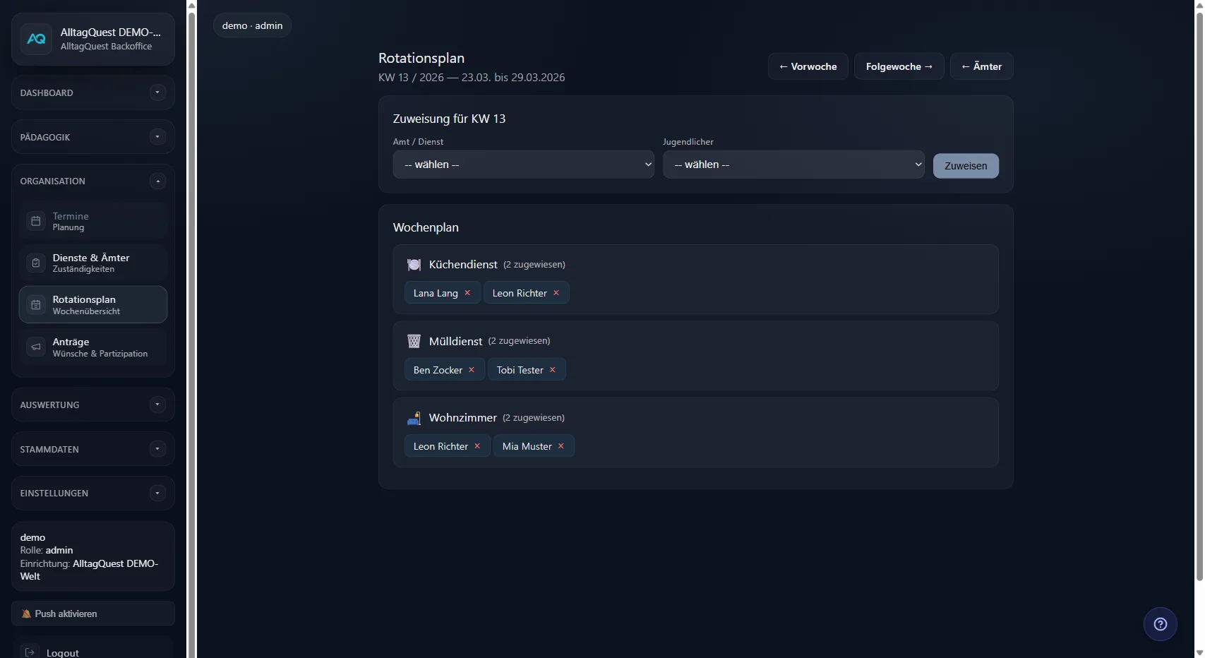 Wöchentlicher Rotationsplan mit Dienstzuweisungen